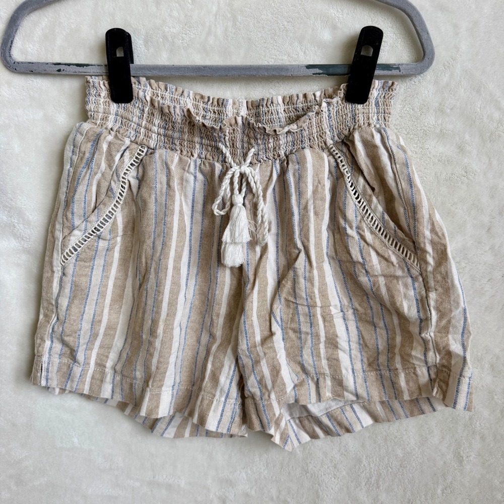 Briggs Tan Blue Striped Linen Blend Shorts Tassel Drawstring Size S Pull On
